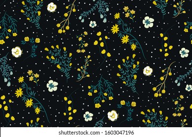Seamless pattern with white, yellow flowers and green branches on a dark background. Floral retro print. Botanical texture with many kind of plants, polka dot. Elegant template for fashion design.