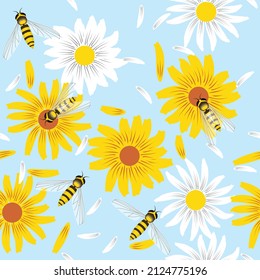 Seamless pattern of white and yellow flowers and bees on a light blue background
