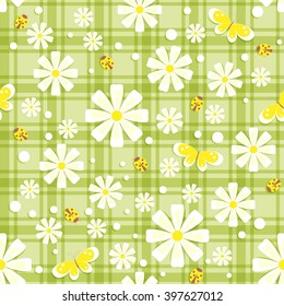 seamless pattern with white and yellow flowers, butterflies, ladybirds and different dots in  green plaid background, vector illustration