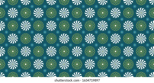 Seamless pattern with white yellow geometric flowers. Geometrical floral texture on turquoise background to print on fabric, textile tissue, wrapping paper and packaging. Vector illustration