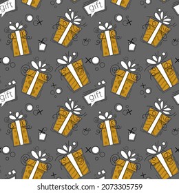 Seamless pattern. White and yellow gift boxes on a gray background.