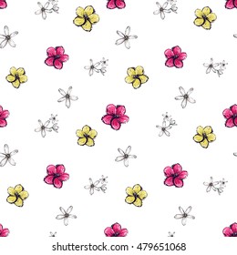 Seamless pattern with white, yellow and pink tropical flowers. Vacation symbols in decorative hand drawn sketch style. Summer mood inspired illustration.