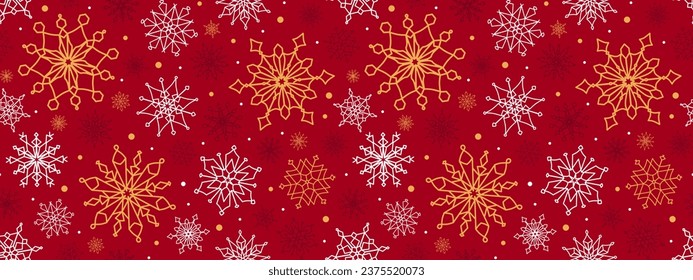 Patrón sin foco con copos de nieve blancos y amarillos sobre un fondo rojo