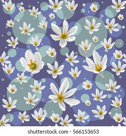 Seamless pattern with white  zephyranthes flowers on blue background