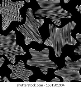 Seamless pattern of white zigzag lines in the shape of stars. Separate objects drawn with white ink on a black background.