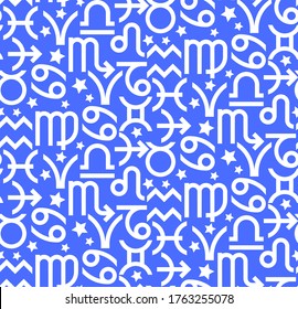 Seamless pattern. White zodiac signs and stars on a blue background. Aries, Taurus, Gemini, Cancer, Virgo, Libra, Scorpio, Sagittarius, Capricorn, Aquarius, Fish. Vector background.