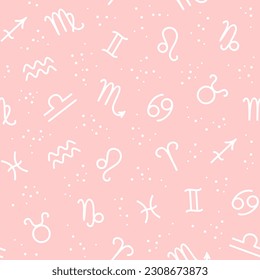 Seamless pattern of white zodiac signs and dots on a pink background. Vector illustration in flat style