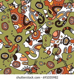  Seamless pattern with white-brown merry cats.