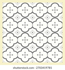 A seamless pattern of white-cream flowers in beige and soft yellow tones, edged with gray and black. With a gentle yellow tint and Moroccan elegance, luxurious, subtly striking for shawls, tiles