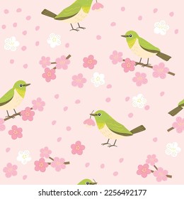 Nahtlose Muster von Weißaugen und Blumen, Federwild, handgezeichnete Vektorgrafik.	
