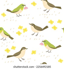 Patrón sin foco y pájaro guerrero, pájaro silvestre primavera, ilustración de vector dibujada a mano.	
