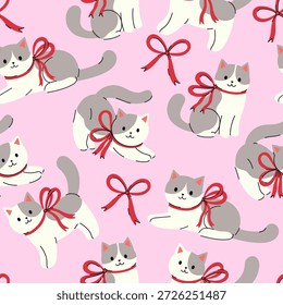 Patrón sin fisuras con gatos de color blanco-gris y lazos rojos. Gráficos de Vector.