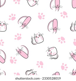 Seamless pattern white-pink cats. Cute childish drawing for print, wallpaper, fabric. Background for children's products, clothing, fabric
