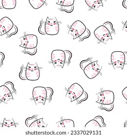 Seamless pattern white-pink cats. Cute childish drawing for print, wallpaper, fabric. Background for children's products, clothing, fabric
