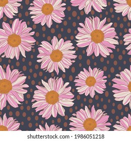 Seamless pattern of white-pink daisies with a yellow center and bronze polka dot on dark grey-violet background. Decorative print for wallpapers, wrappings, textiles, fashion fabrics.
