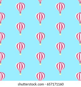 Seamless pattern with white-red hot-air balloons on a blue background. Vector illustration.