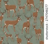 Seamless pattern with white-tailed deer and spotted fawns on green background, wild forest animal background with bucks and does, vector nature illustration for textile