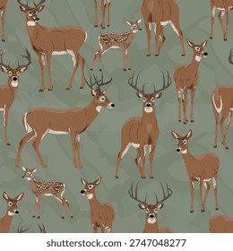 Seamless pattern with white-tailed deer and spotted fawns on green background, wild forest animal background with bucks and does, vector nature illustration for textile