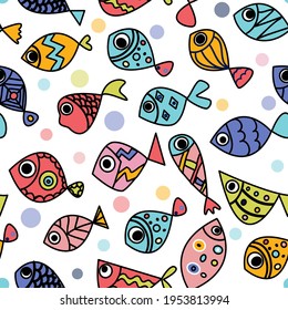 Nahtloses Muster, mit süßer Hand Fische zeichnen. Line Art doodle Illustration mit hellen exotischen Fischen. 
