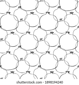 Seamless pattern whith illustration pomegranate fruit in line art black color on white background