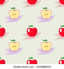Seamless pattern with a whole apple and a half made in simple flat style.
