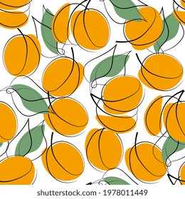 Seamless pattern of whole apricot with leaves on white background. Outline doodle, flat style. Abstract background vector illustration.