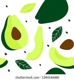 Seamless pattern with a whole avocado, an avocado cut in half, slices of avocados, seeds and leaves. 