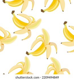 Nahtlose Muster ganzer Bananen, halb offen auf weißem Hintergrund.Vektormuster für Textilien, Verpackungen, Banner.