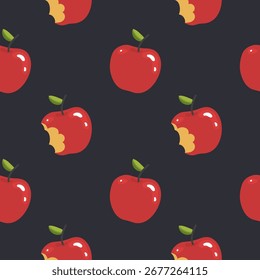 Patrón sin fisuras con manzanas rojas enteras y mordidas sobre un fondo azul oscuro 