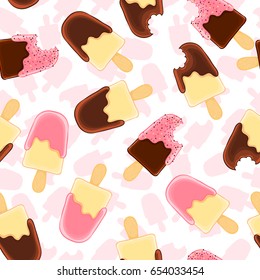 Seamless pattern with whole and bitten vanilla popsicle. Chocolate and raspberry icing.