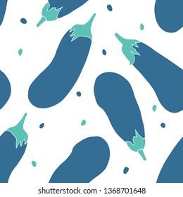 Seamless pattern with whole  blue eggplants and seeds. Art can be used for menu; packimg; wallpaper.