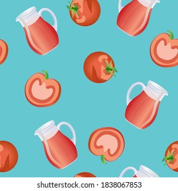 Patrón sin foco de tomates enteros y picados y jugo de tomate en un descafeinado. Ilustración vectorial aislada en un fondo azul. Patrón para tela, textil, menú, empaque, sitio web.