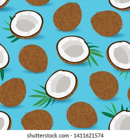 Seamless pattern whole coconut and piece on blue background, Vector illustration