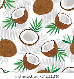 Seamless pattern whole coconut and piece with palm leaves on white background, Vector illustration