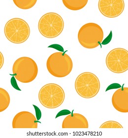 Seamless pattern of whole and cut oranges on a white background. Fruit. Design for textiles, posters, banners. Vector illustration.