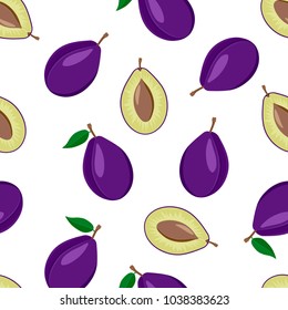 Seamless pattern of whole and cut plums. Fruit. Design for textiles, banners, posters, labels. Vector illustration.