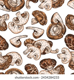 Seamless pattern with whole and cut shiitake mushrooms hand drawn. Asian raw brown fungus or fungi. Natural organic vegetarian food. Color vector sketch design on white background