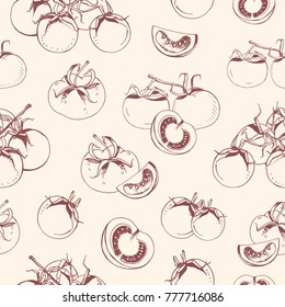Seamless pattern with whole and cut tomatoes hand drawn with contour lines on light background. Backdrop with fresh delicious vegetable. Vector illustration for wrapping paper, textile print. 