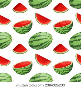 Seamless pattern, whole and cut watermelon on a white background. Fruit background, print, vector