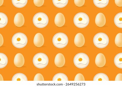 Patrón sin fisuras de huevos enteros y huevos soleados o fritos en un plato, sobre un fondo naranja. 