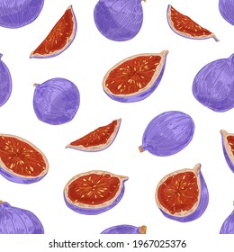 Seamless pattern with whole fig fruits and its cut pieces on white background. Endless repeating texture with organic food in vintage style. Colored hand-drawn vector illustration for printing.