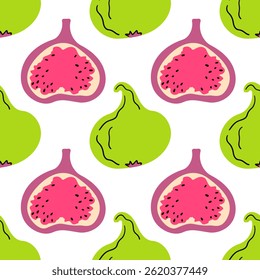 Seamless pattern of whole figs cut in half, fruit quarters and leaves. Vector pattern on a white background.