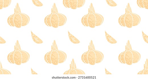 Seamless Pattern of Whole and Garlic  with whole garlic bulbs and slices in light tones on a clean white background.