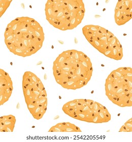 Seamless pattern with whole grain cookies and seeds. Vector cartoon flat illustration of biscuits. Healthy food. Pastry background.