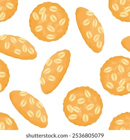 Seamless pattern with whole grain oat cookies. Vector cartoon flat illustration of biscuits. Healthy food. Pastry background.