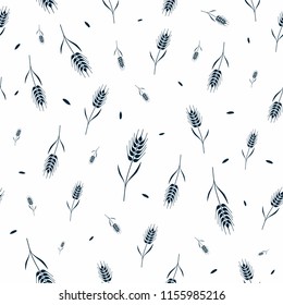 Seamless pattern with whole grain seeds organic, natural background isolated on white background flat style design vector illustration. Wheat, barley or rye ears with straw chaotic falling version
