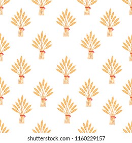  Seamless pattern with whole grain seeds organic, natural background isolated on white background flat style design vector illustration. Stack of hay with red ribbon repeat pattern