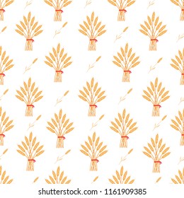  Seamless pattern with whole grain seeds organic, natural background isolated on white background flat style design vector illustration. Stack of hay with red ribbon repeat pattern