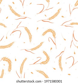 Seamless pattern with whole grain seeds organic, natural ears isolated on white background flat style design vector illustration. Wheat, barley or rye ears with straw chaotic version.
