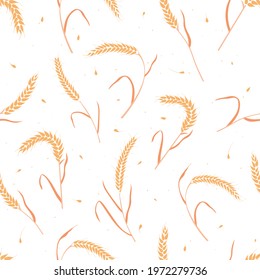 Seamless pattern with whole grain seeds organic, natural ears isolated on white background flat style design vector illustration. Wheat, barley or rye ears with straw chaotic version.